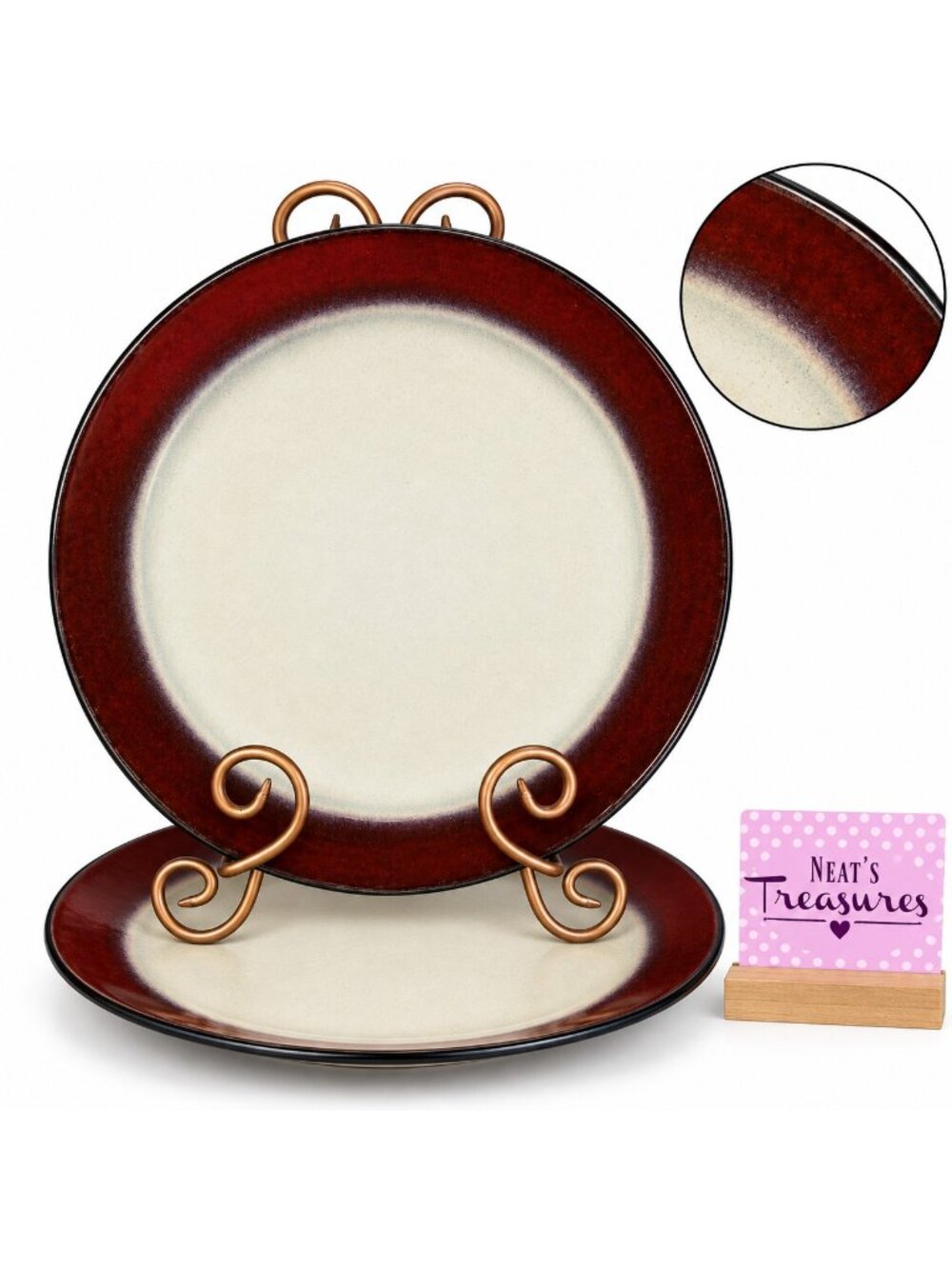 Pfaltzgraff ARIA RED Border Beige Center Coupe Stoneware Dinner Plates Set of 2
